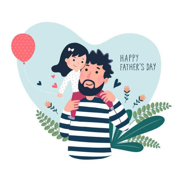 happy fatherâs dzień karty. cute dziewczynka na ramieniu fatherâs w kształcie serca. - kissing child family isolated stock illustrations