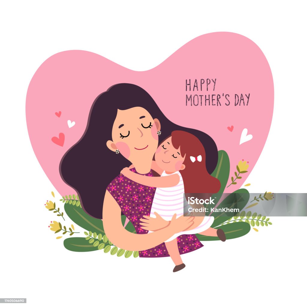 Glückliche Mutterâs-Tageskarte. Niedliches kleines Mädchen umarmt ihre Mutter in Herz geformt. - Lizenzfrei Mutter Vektorgrafik