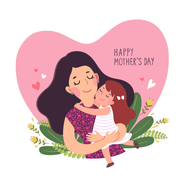 ilustrações de stock, clip art, desenhos animados e ícones de happy motherâs day card. cute little girl hugging her mother in heart shaped. - mother gift