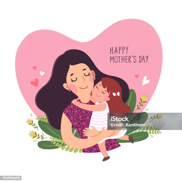 Happy Motherâs Day Card Cute Little Girl Hugging Her Mother In Heart Shaped Stock Illustration - Download Image Now