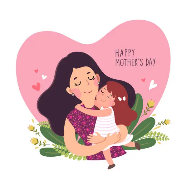 Vector illustration of Happy motherâs day card. Cute little girl hugging her mother in heart shaped.