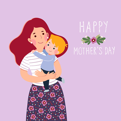 Happy motherâs day card. Mother carrying her little son.