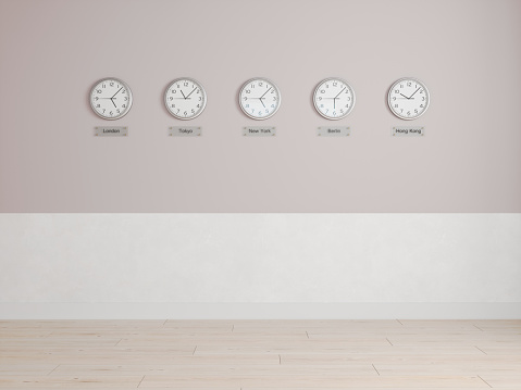 Clocks on a wall with time zone