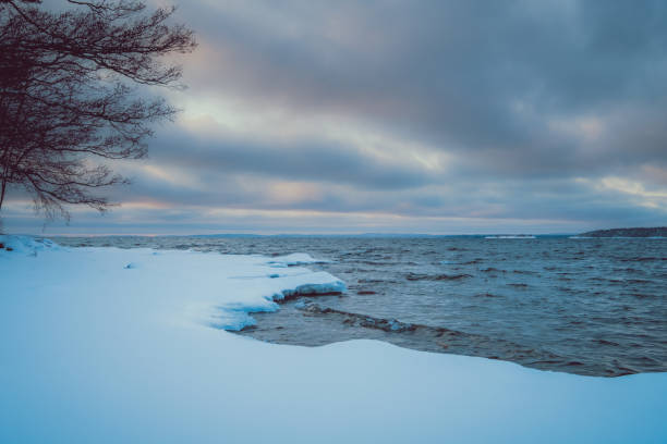 istock snow along the coast and trees on the left 1140508661