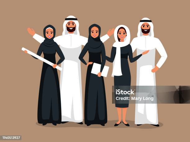 Vector Design With Successful Creative Business Team Of Muslim And Caucasian People Working Together On A Joint Project Stock Illustration - Download Image Now