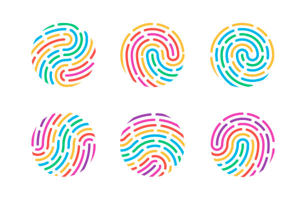 ilustrações, clipart, desenhos animados e ícones de jogo das impressões digitais coloridas isoladas em um fundo branco - fingerprint thumbprint identity red