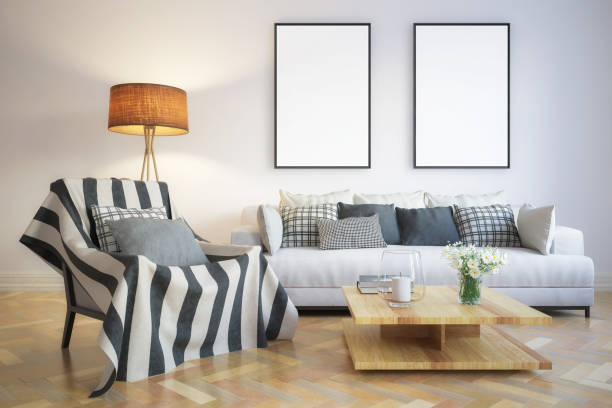 istock Modern living room interior with mockup frames - 3d illustration 1140518342