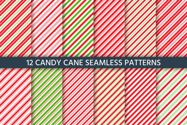 Cane candy seamless pattern. Vector red green illustration. Cane candy pattern. Vector. Christmas seamless background.  Holiday diagonal red green wrapping paper. Stripe traditional peppermint backdrop. Sugar lollipop illustration. peppermint stock illustrations