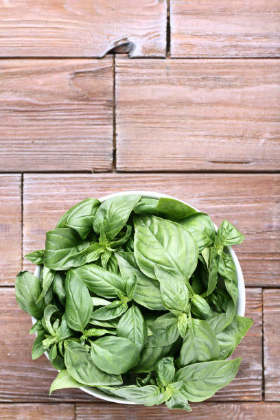 istock Green basil leafs in bowl on brown wooden table 1140520059