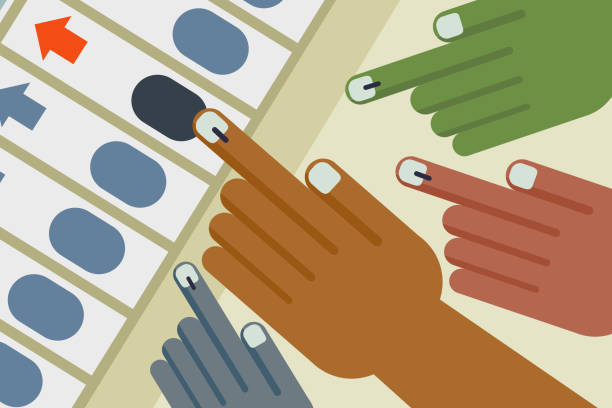 ilustrações, clipart, desenhos animados e ícones de voto das mãos do molde em uma máquina de votação eletrônica - urna eletrônica