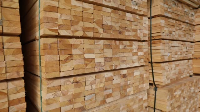 A large warehouse of timber materials, neatly folded timber in a sawmill warehouse, warehouse of wood