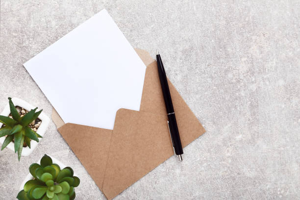 istock Blank paper with envelope and green plants on gray background 1140523378