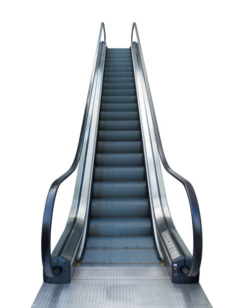 escalador paso fuera del centro comercial aislado en fondo blanco con trazado de recorte - escalera mecánica fotografías e imágenes de stock