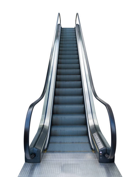 escalator step outside shopping mall isolated on white background with clipping path - escalator imagens e fotografias de stock