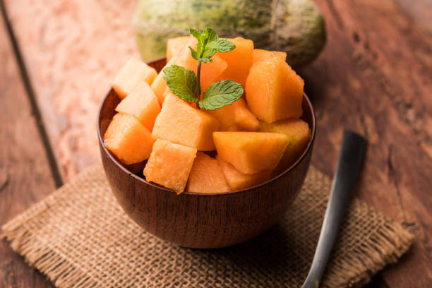 istock Cantaloupe / muskmelon / kharbuja cut into pieces, served in a bowl. selective focus 1140526201