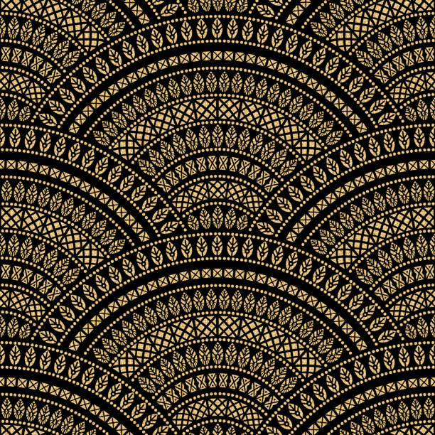 Abstract seamless geometrical folk wavy background from golden and black fan shaped ornate feathers, waves with ethnic patterns. Fish scale. Batik painting. Oriental textile print. Art deco wallpaper Abstract seamless geometrical folk wavy background from golden and black fan shaped ornate feathers, waves with ethnic patterns. Fish scale. Batik painting. Oriental textile print. Art deco wallpaper egypt stock illustrations