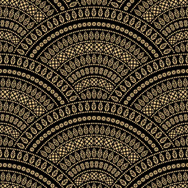 Vector illustration of Abstract seamless geometrical folk wavy background from golden and black fan shaped ornate feathers, waves with ethnic patterns. Fish scale. Batik painting. Oriental textile print. Art deco wallpaper