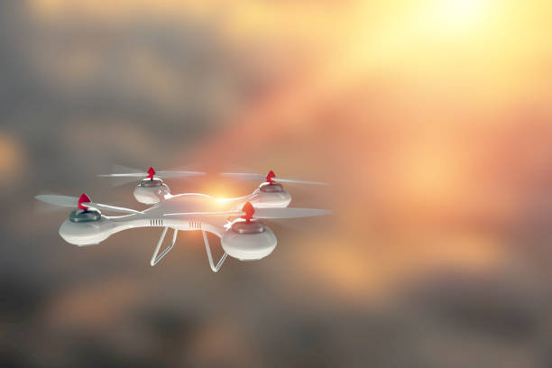 istock Drone, white quadrocopter against the sky with copy space. The concept of technology, robotization, computerization. 3D render, Mixed media. 1140526282