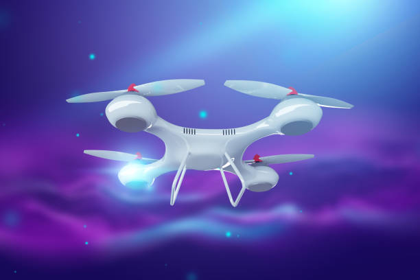 istock Drone, white quadrocopter on violet background with copy space. The concept of technology, robotization, computerization. 3D render, 3D illustration. 1140526283