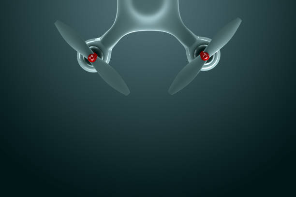 istock Drone, white quadrocopter on a dark background with copy space. Top view, flat lay. The concept of technology, robotization, computerization. 3D render, 3D illustration. 1140526286
