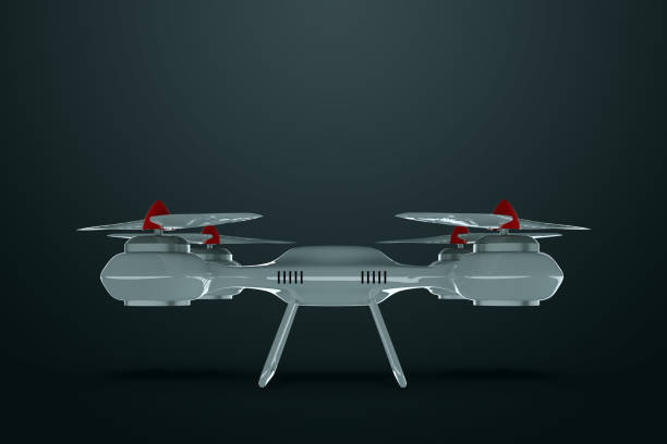 Drone, white quadrocopter on a dark background with copy space. The concept of technology, robotization, computerization. 3D render, 3D illustration.