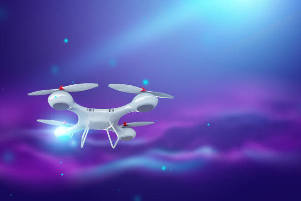 istock Drone, white quadrocopter on violet background with copy space. The concept of technology, robotization, computerization. 3D render, 3D illustration. 1140526290
