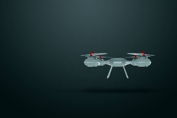 istock Drone, white quadrocopter on a dark background with copy space. The concept of technology, robotization, computerization. 3D render, 3D illustration. 1140526291
