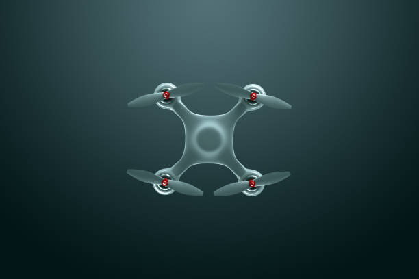 istock Drone, white quadrocopter on a dark background with copy space. Top view, flat lay. The concept of technology, robotization, computerization. 3D render, 3D illustration. 1140526294