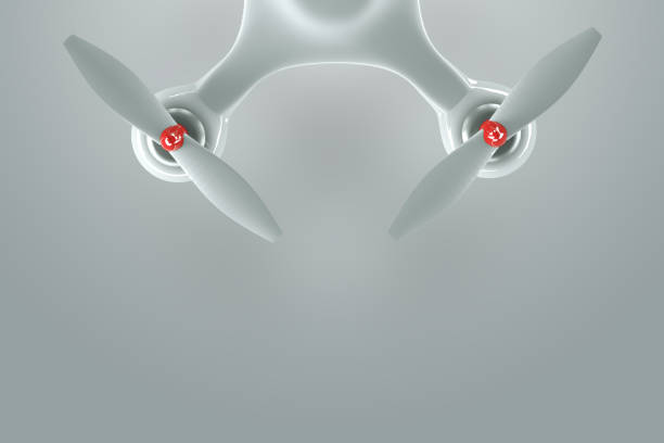 Drone, white quadrocopter on a white background with copy space. Top view, flat lay. The concept of technology, robotization, computerization. 3D render, 3D illustration.
