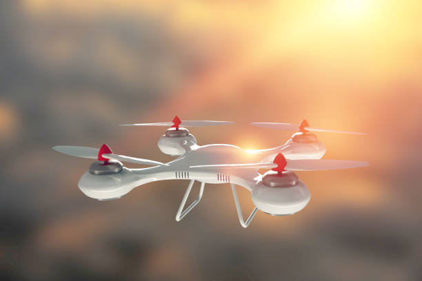 istock Drone, white quadrocopter against the sky with copy space. The concept of technology, robotization, computerization. 3D render, Mixed media. 1140526299