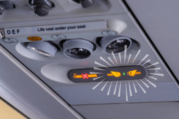 No smoking and seatbelt signs turning on before flight taking off and landing with blinking symbol graphic