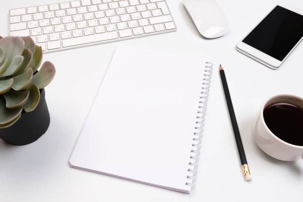 istock Office desk table with supplies. Flat lay Business workplace and objects. Top view. Copy space for text - Image 1140530305