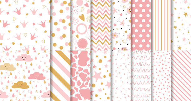 작은 아기 소녀 핑크 배경 컬렉션에 대 한 귀여운 달콤한 분홍색 완벽 한 패턴 벽지의 세트 - femininity pattern female backgrounds stock illustrations