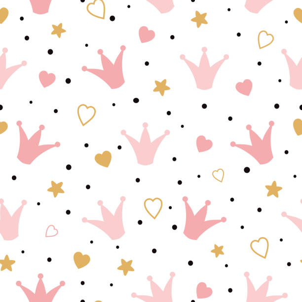 illustrazioni stock, clip art, cartoni animati e icone di tendenza di motivo seamess con doodle rosa corone cuori vector baby girl wallpaper little princess design - baby clothing its a girl newborn baby goods