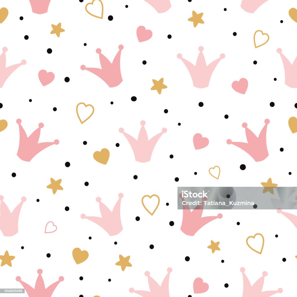 Seamess Pattern With Doodle Pink Crowns Hearts Vector Baby Girl ...