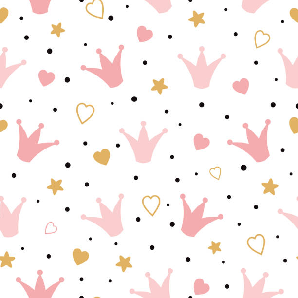Seamess pattern with doodle pink crowns hearts Vector baby girl wallpaper Little princess design vector art illustration