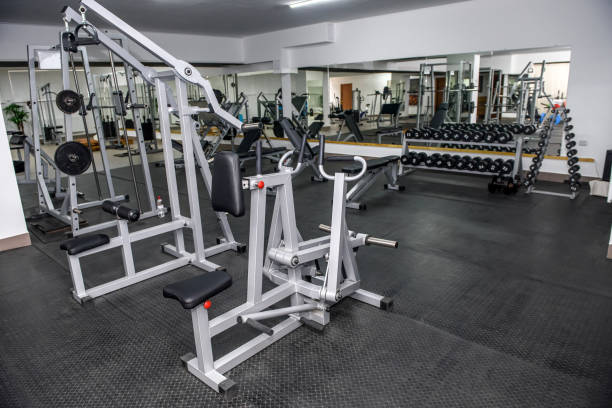 istock Modern and empty gym interior with equipment 1140533440