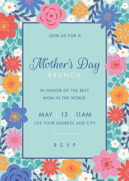 ilustrações, clipart, desenhos animados e ícones de molde temático do projeto do convite do dia de matrizes. - mothers day frame flower single flower
