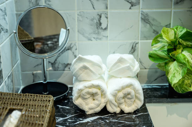 istock rolled towels at clean bathroom. 1140535600