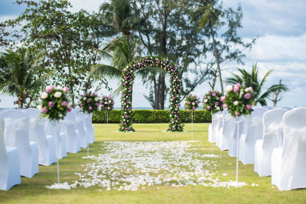 istock Romantic wedding ceremony on the lawn Sea view. 1140536704
