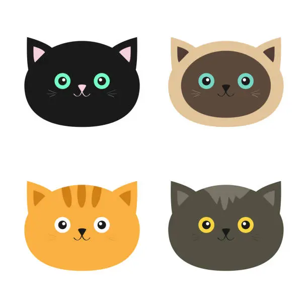 Vector illustration of Cat head set. Siamese, red, black, orange, gray color cats in flat design style. Cute cartoon character. Different eyes. White background. Isolated.