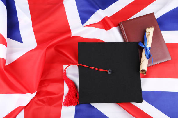 istock Graduation cap with diploma and notepad on British flag background 1140540241