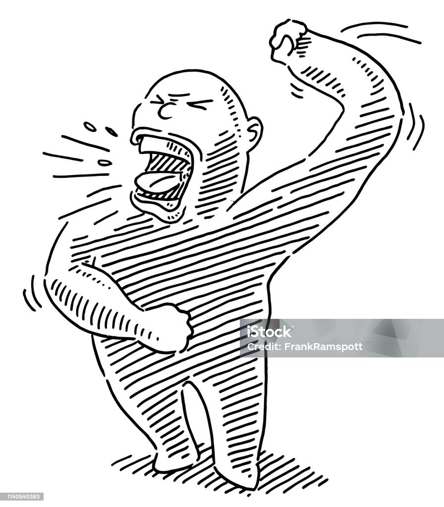 Screaming Cartoon Man Negative Emotion Drawing Hand-drawn vector drawing of a Screaming Cartoon Man, Negative Emotion. Black-and-White sketch on a transparent background (.eps-file). Included files are EPS (v10) and Hi-Res JPG. Adult stock vector