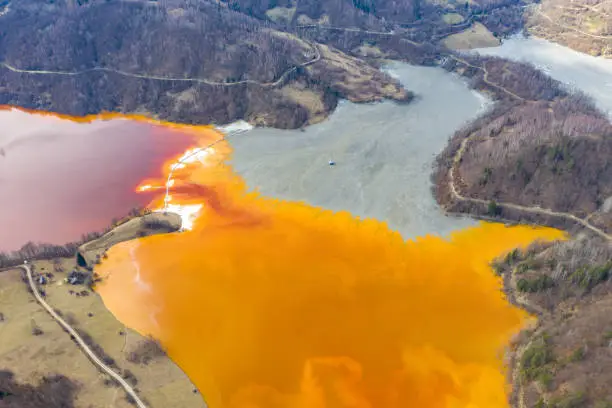 Ecological catastrophe, aerial view of a lake filled with chemical residuals from copper mine exploitation by drone. Geamana, Rosia Montana, Romania