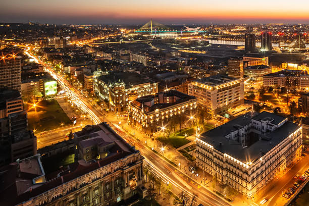 panorama of belgrade at night. - river sava imagens e fotografias de stock