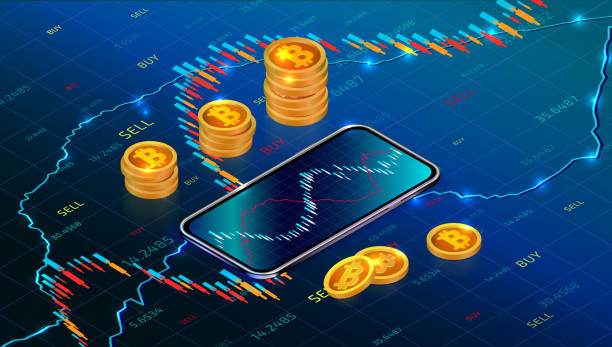 Cryptocurrency stock exchange or investment concept with mobile app. Digital money market. Forex trading chart on abstract background with cryptocurrency. Bitcoin exchange. Vector Illustration Cryptocurrency stock exchange or investment concept with mobile app. Digital money market. Forex trading chart on abstract background with cryptocurrency. Bitcoin exchange. Vector Illustration crypto tradings platform stock illustrations