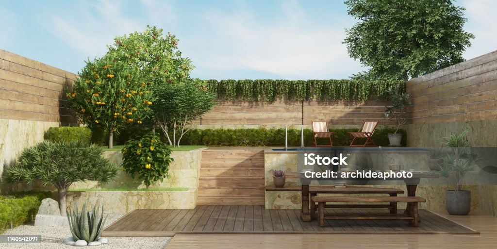 Garden on two levels with old dining table on deck floor Garden on two levels with old dining table, wooden bench and small pool on background - 3d rendering
Note: the garden does not exist in reality, Property model is not necessary Yard - Grounds Stock Photo