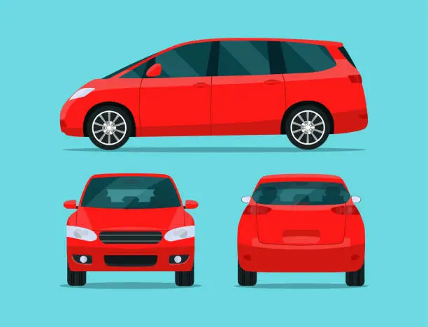 Vector illustration of Red minivan isolated. Minivan with side view, back view and front view. Vector flat style illustration.