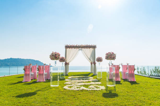 istock Romantic wedding ceremony on the lawn Sea view. 1140542676
