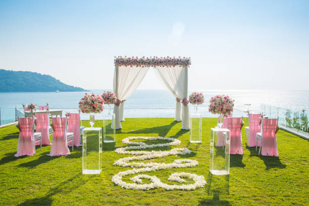 Romantic wedding ceremony on the lawn Sea view.